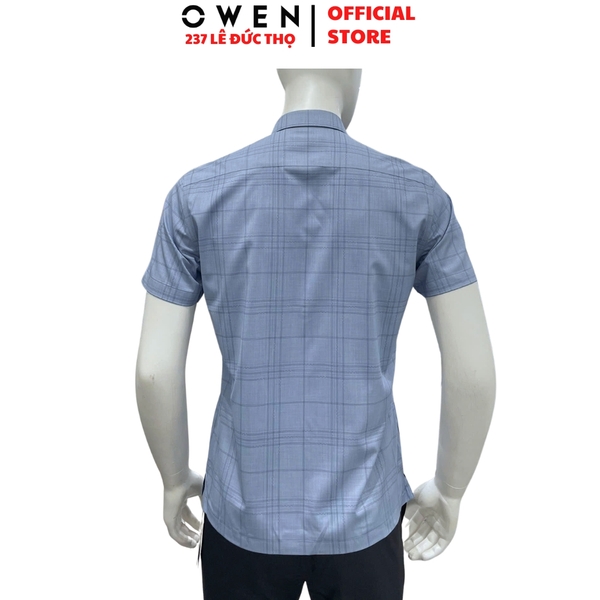 Áo sơ mi nam tay ngắn Owen AB260006NT màu xanh kẻ caro dáng suông body fit tà bằng có túi chất liệu modal polyester