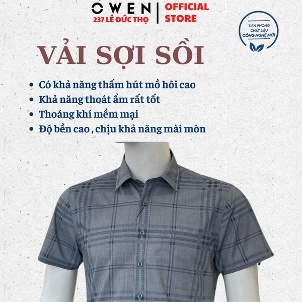 Áo sơ mi nam tay ngắn Owen AB260009NT màu xám kẻ dáng suông body fit tà bằng có túi chất liệu modal polyester spandex