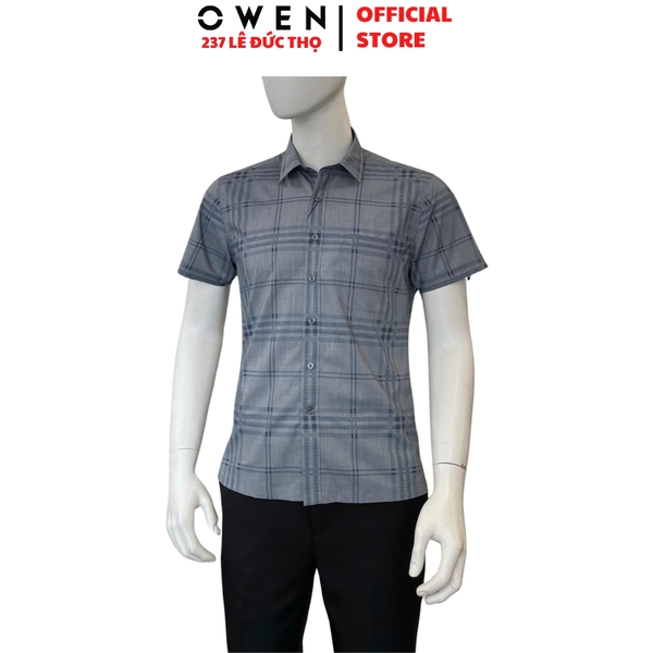 Áo sơ mi nam tay ngắn Owen AB260009NT màu xám kẻ dáng suông body fit tà bằng có túi chất liệu modal polyester spandex