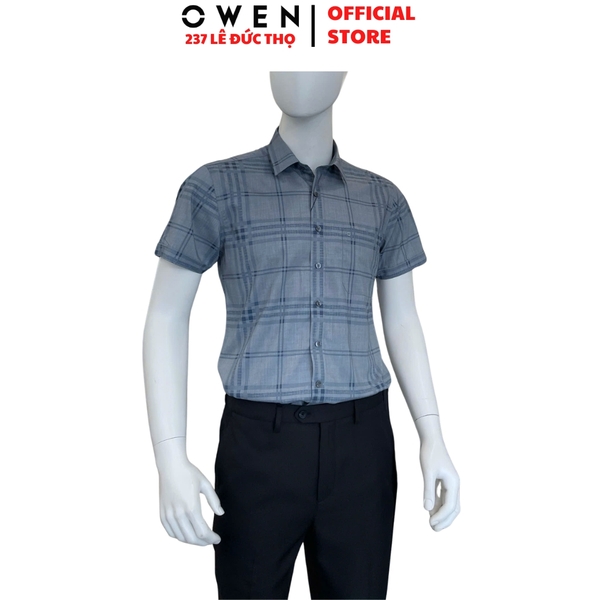 Áo sơ mi nam tay ngắn Owen AB260009NT màu xám kẻ dáng suông body fit tà bằng có túi chất liệu modal polyester spandex