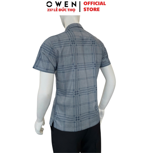 Áo sơ mi nam tay ngắn Owen AB260009NT màu xám kẻ dáng suông body fit tà bằng có túi chất liệu modal polyester spandex