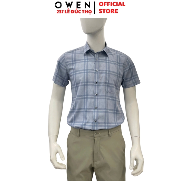 Áo sơ mi nam tay ngắn Owen AB260010NT màu xanh dáng suông body fit tà bằng có túi chất liệu modal polyester spandex