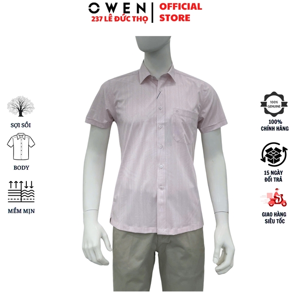 Áo sơ mi nam tay ngắn Owen AB260014NT màu hồng dáng suông body fit tà bằng có túi chất liệu modal polyester spandex
