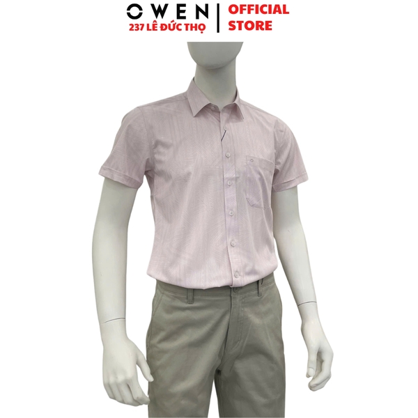 Áo sơ mi nam tay ngắn Owen AB260014NT màu hồng dáng suông body fit tà bằng có túi chất liệu modal polyester spandex