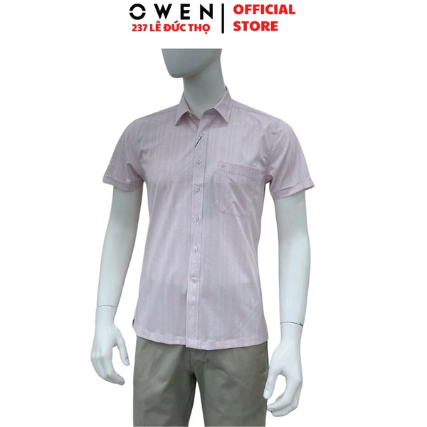 Áo sơ mi nam tay ngắn Owen AB260014NT màu hồng dáng suông body fit tà bằng có túi chất liệu modal polyester spandex