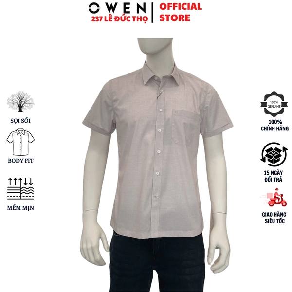 Áo sơ mi nam tay ngắn Owen AB260015NT màu nâu kẻ dáng suông body fit tà bằng có túi chất liệu modal polyester