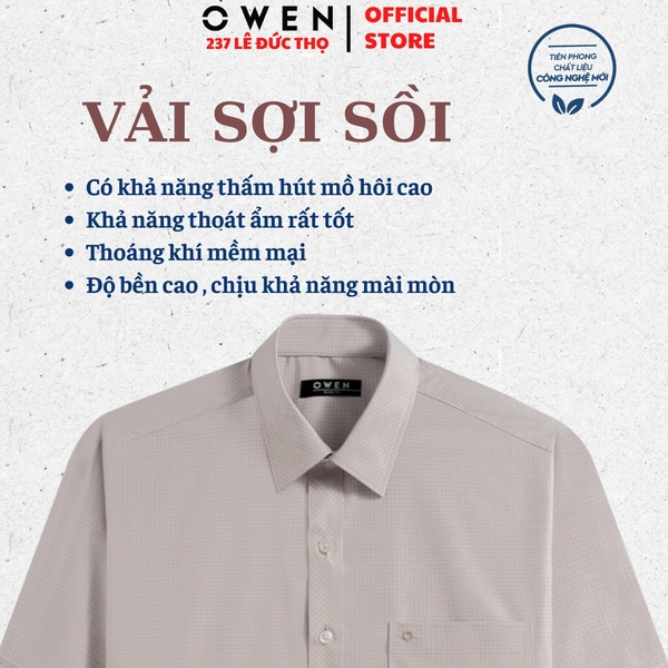 Áo sơ mi nam tay ngắn Owen AB260015NT màu nâu kẻ dáng suông body fit tà bằng có túi chất liệu modal polyester