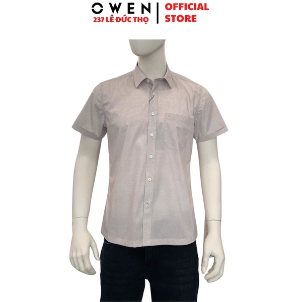Áo sơ mi nam tay ngắn Owen AB260015NT màu nâu kẻ dáng suông body fit tà bằng có túi chất liệu modal polyester