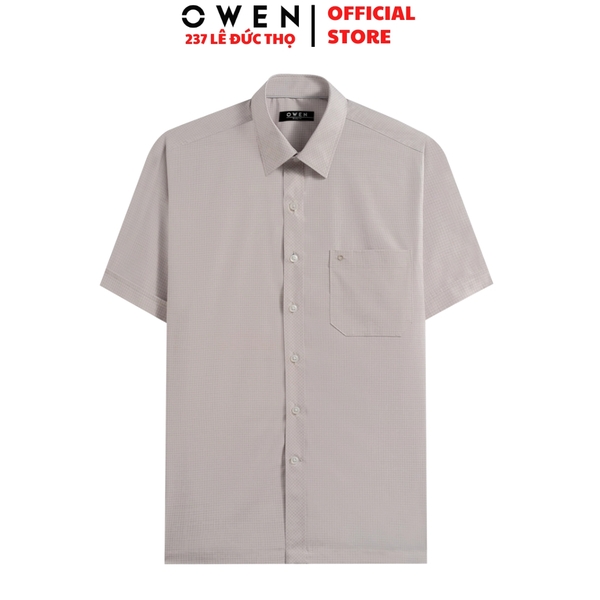 Áo sơ mi nam tay ngắn Owen AB260015NT màu nâu kẻ dáng suông body fit tà bằng có túi chất liệu modal polyester