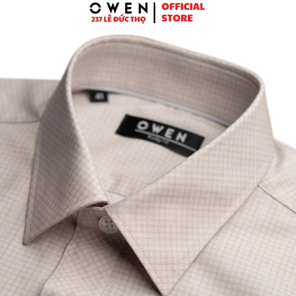 Áo sơ mi nam tay ngắn Owen AB260015NT màu nâu kẻ dáng suông body fit tà bằng có túi chất liệu modal polyester