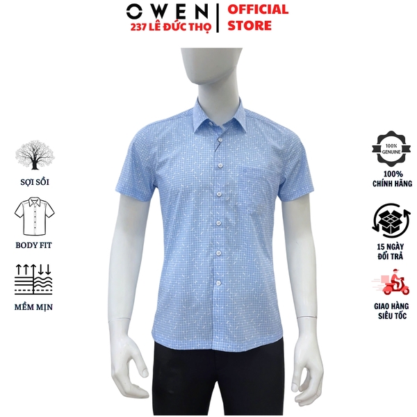 Áo sơ mi nam tay ngắn Owen AB260035NT màu xanh nhạt kẻ caro dáng suông body fit tà bằng có túi chất liệu modal polyester