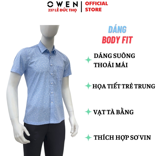 Áo sơ mi nam tay ngắn Owen AB260035NT màu xanh nhạt kẻ caro dáng suông body fit tà bằng có túi chất liệu modal polyester