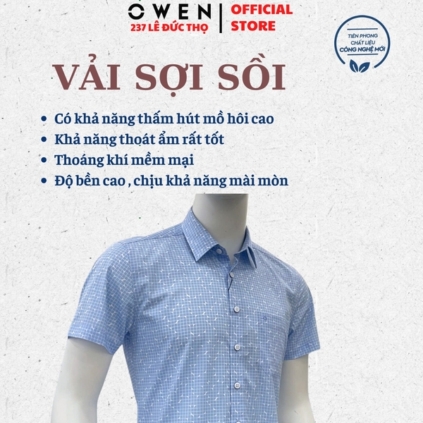 Áo sơ mi nam tay ngắn Owen AB260035NT màu xanh nhạt kẻ caro dáng suông body fit tà bằng có túi chất liệu modal polyester