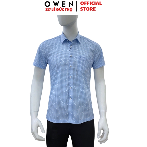 Áo sơ mi nam tay ngắn Owen AB260035NT màu xanh nhạt kẻ caro dáng suông body fit tà bằng có túi chất liệu modal polyester
