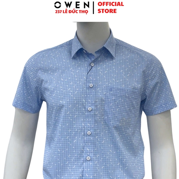 Áo sơ mi nam tay ngắn Owen AB260035NT màu xanh nhạt kẻ caro dáng suông body fit tà bằng có túi chất liệu modal polyester