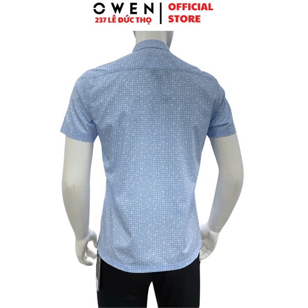 Áo sơ mi nam tay ngắn Owen AB260035NT màu xanh nhạt kẻ caro dáng suông body fit tà bằng có túi chất liệu modal polyester