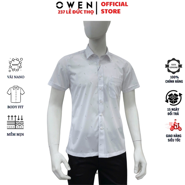 Áo sơ mi nam tay ngắn Owen AB260038NT màu trắng in họa tiết dáng suông body fit tà bằng có túi chất liệu Bamboo polyester