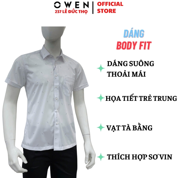 Áo sơ mi nam tay ngắn Owen AB260038NT màu trắng in họa tiết dáng suông body fit tà bằng có túi chất liệu Bamboo polyester