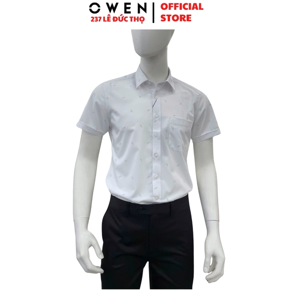 Áo sơ mi nam tay ngắn Owen AB260038NT màu trắng in họa tiết dáng suông body fit tà bằng có túi chất liệu Bamboo polyester
