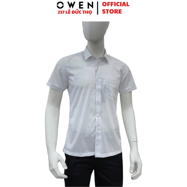 Áo sơ mi nam tay ngắn Owen AB260038NT màu trắng in họa tiết dáng suông body fit tà bằng có túi chất liệu Bamboo polyester