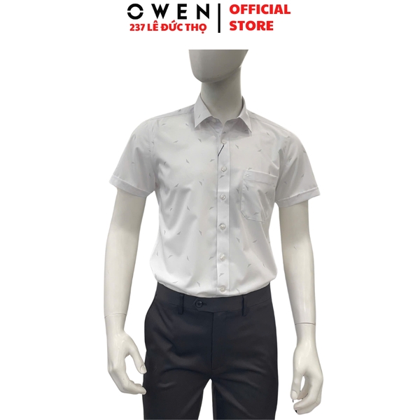 Áo sơ mi nam tay ngắn Owen AB260038NT màu trắng in họa tiết dáng suông body fit tà bằng có túi chất liệu Bamboo polyester