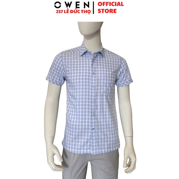 Áo sơ mi nam tay ngắn Owen AB260053NT màu xanh nhạt kẻ caro dáng suông body fit tà bằng có túi chất liệu Bamboo polyester