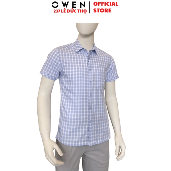 Áo sơ mi nam tay ngắn Owen AB260053NT màu xanh nhạt kẻ caro dáng suông body fit tà bằng có túi chất liệu Bamboo polyester
