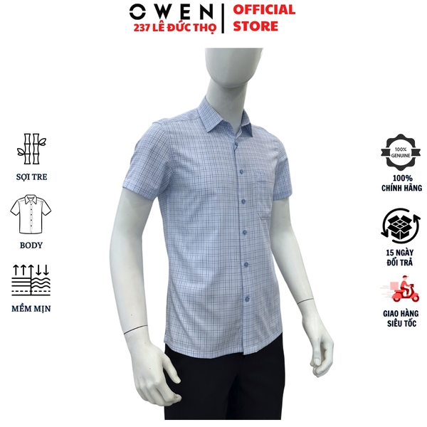 Áo Sơ Mi Nam Tay Ngắn Owen AB260054NT Xanh Kẻ Body Fit chất liệu Bamboo polyester