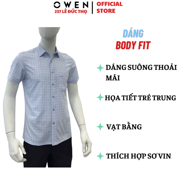 Áo Sơ Mi Nam Tay Ngắn Owen AB260054NT Xanh Kẻ Body Fit chất liệu Bamboo polyester