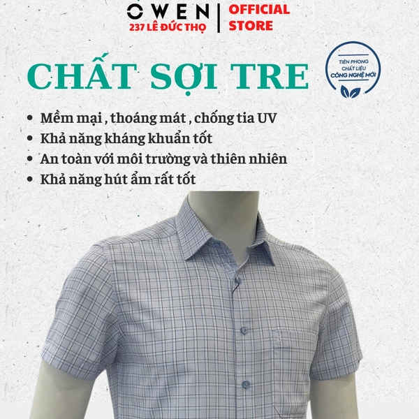 Áo Sơ Mi Nam Tay Ngắn Owen AB260054NT Xanh Kẻ Body Fit chất liệu Bamboo polyester