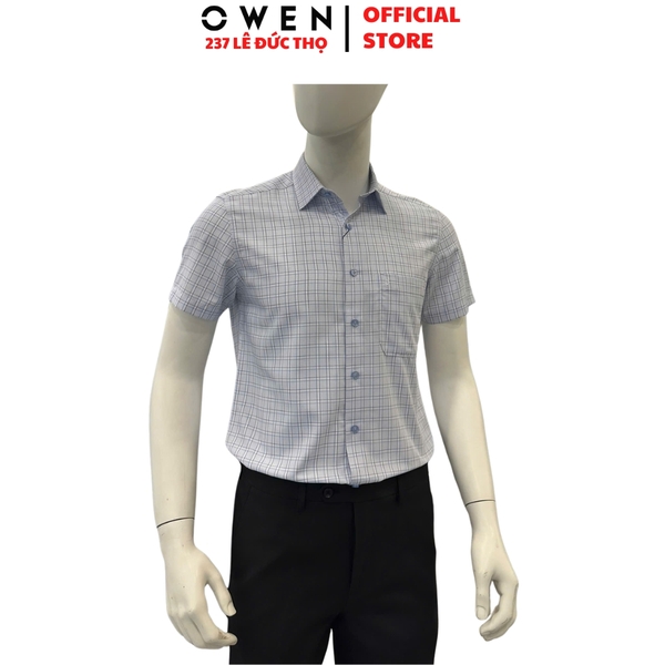 Áo Sơ Mi Nam Tay Ngắn Owen AB260054NT Xanh Kẻ Body Fit chất liệu Bamboo polyester