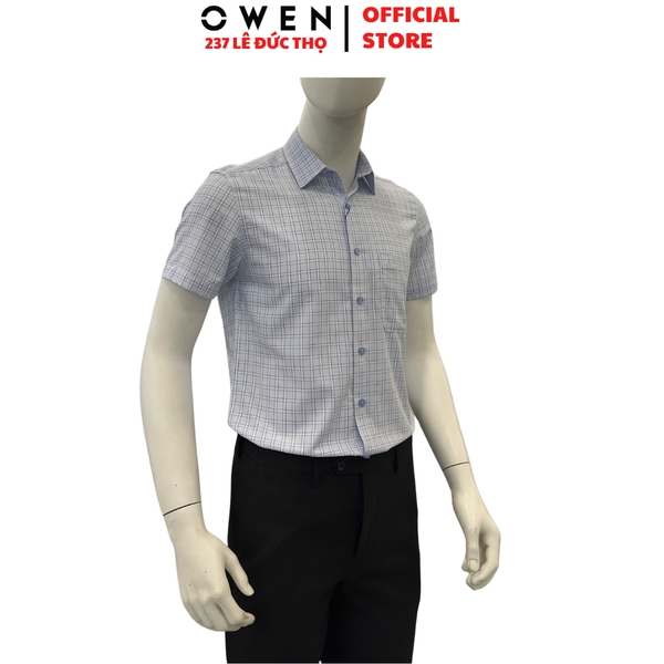 Áo Sơ Mi Nam Tay Ngắn Owen AB260054NT Xanh Kẻ Body Fit chất liệu Bamboo polyester