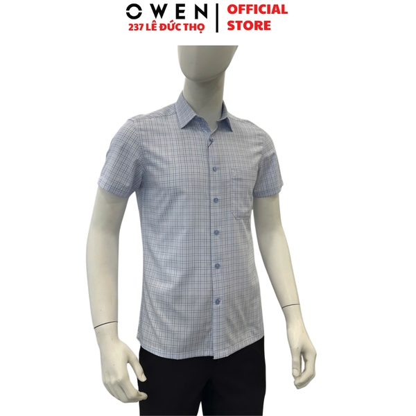 Áo Sơ Mi Nam Tay Ngắn Owen AB260054NT Xanh Kẻ Body Fit chất liệu Bamboo polyester