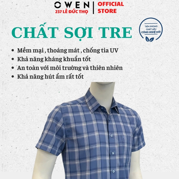 Áo Sơ Mi Nam Tay Ngắn Owen AB260057NT Vải Sợi Tre Xanh Đậm Kẻ Caro Body Fit