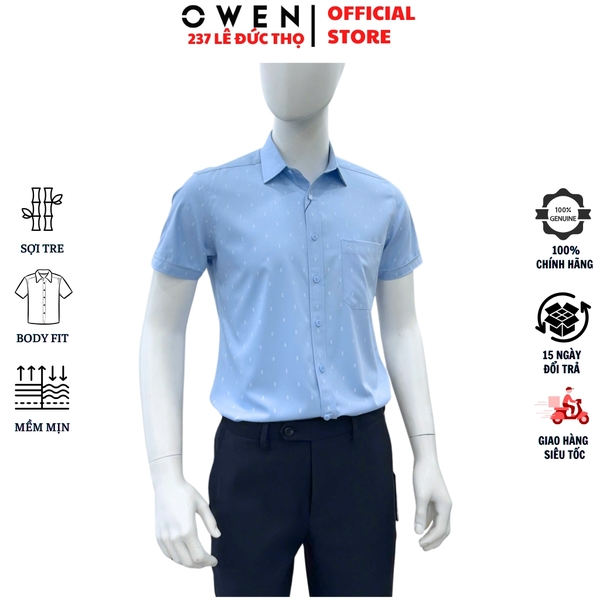 Áo sơ mi nam tay ngắn Owen AB260063NT màu xanh dáng suông body fit tà bằng có túi chất liệu Bamboo polyester