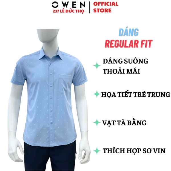 Áo sơ mi nam tay ngắn Owen AB260063NT màu xanh dáng suông body fit tà bằng có túi chất liệu Bamboo polyester