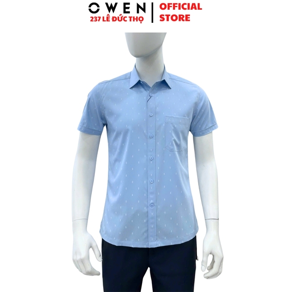 Áo sơ mi nam tay ngắn Owen AB260063NT màu xanh dáng suông body fit tà bằng có túi chất liệu Bamboo polyester