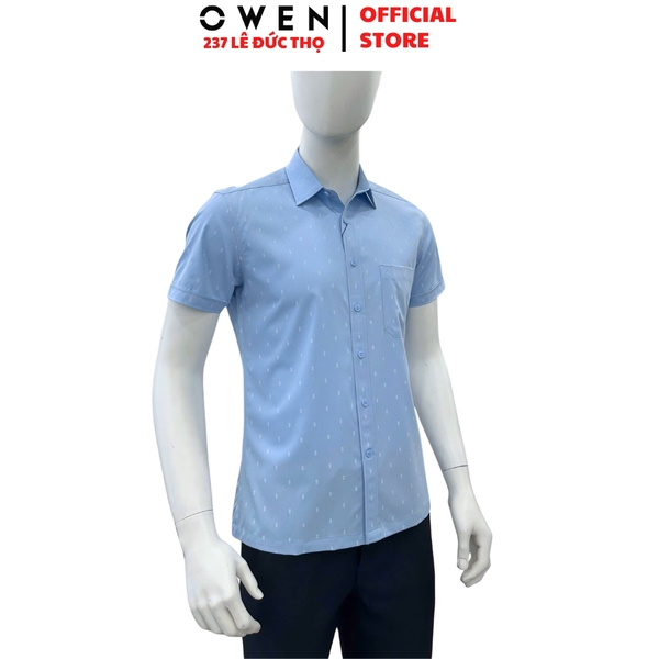 Áo sơ mi nam tay ngắn Owen AB260063NT màu xanh dáng suông body fit tà bằng có túi chất liệu Bamboo polyester