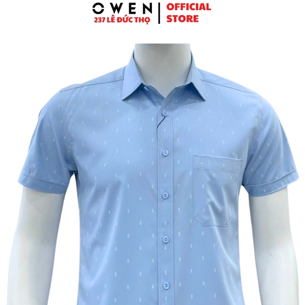 Áo sơ mi nam tay ngắn Owen AB260063NT màu xanh dáng suông body fit tà bằng có túi chất liệu Bamboo polyester