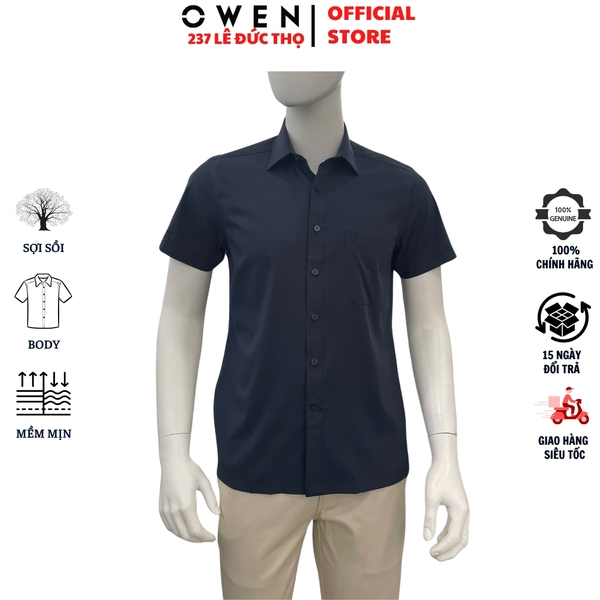 Áo sơ mi nam tay ngắn Owen AB260068NT màu xanh tím than dáng suông body fit tà bằng có túi chất liệu modal polyester