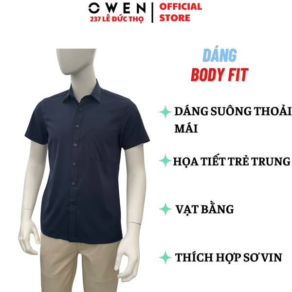 Áo sơ mi nam tay ngắn Owen AB260068NT màu xanh tím than dáng suông body fit tà bằng có túi chất liệu modal polyester