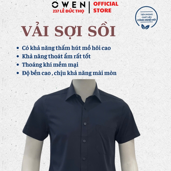 Áo sơ mi nam tay ngắn Owen AB260068NT màu xanh tím than dáng suông body fit tà bằng có túi chất liệu modal polyester
