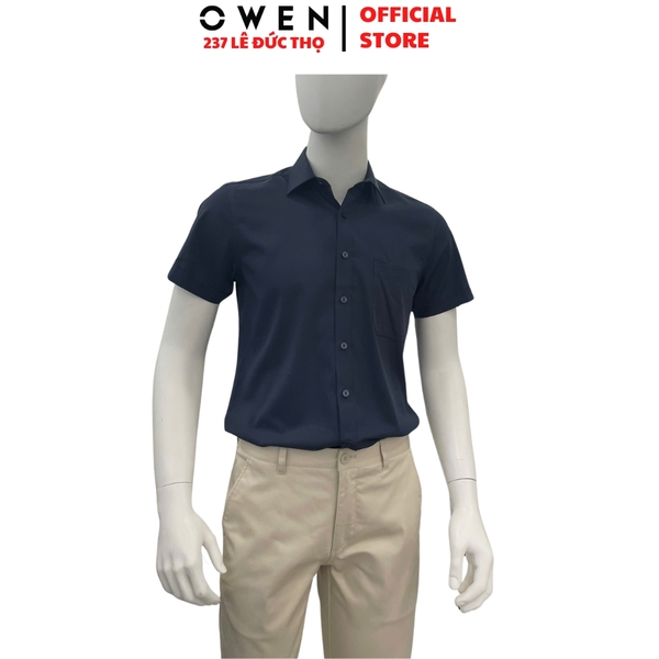 Áo sơ mi nam tay ngắn Owen AB260068NT màu xanh tím than dáng suông body fit tà bằng có túi chất liệu modal polyester