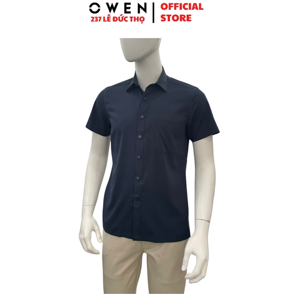 Áo sơ mi nam tay ngắn Owen AB260068NT màu xanh tím than dáng suông body fit tà bằng có túi chất liệu modal polyester