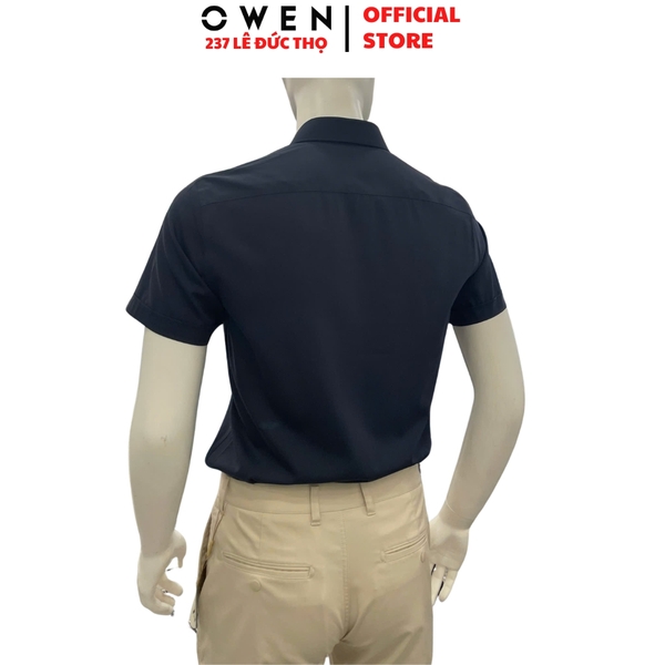 Áo sơ mi nam tay ngắn Owen AB260068NT màu xanh tím than dáng suông body fit tà bằng có túi chất liệu modal polyester