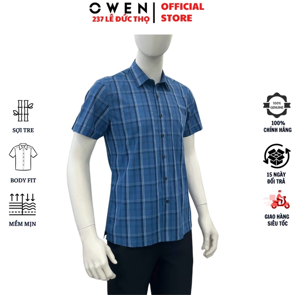 Áo sơ mi nam tay ngắn Owen AB260072NT màu xanh đậm kẻ caro dáng suông body fit tà bằng có túi chất liệu Bamboo polyester