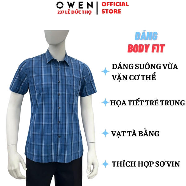 Áo sơ mi nam tay ngắn Owen AB260072NT màu xanh đậm kẻ caro dáng suông body fit tà bằng có túi chất liệu Bamboo polyester