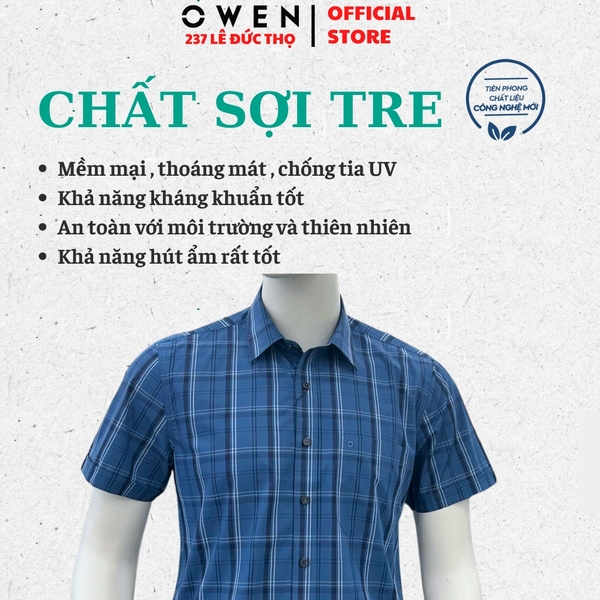 Áo sơ mi nam tay ngắn Owen AB260072NT màu xanh đậm kẻ caro dáng suông body fit tà bằng có túi chất liệu Bamboo polyester