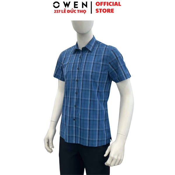 Áo sơ mi nam tay ngắn Owen AB260072NT màu xanh đậm kẻ caro dáng suông body fit tà bằng có túi chất liệu Bamboo polyester