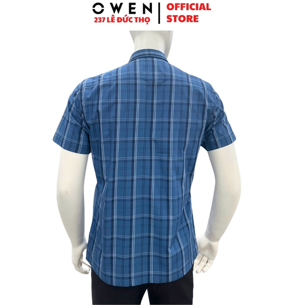 Áo sơ mi nam tay ngắn Owen AB260072NT màu xanh đậm kẻ caro dáng suông body fit tà bằng có túi chất liệu Bamboo polyester